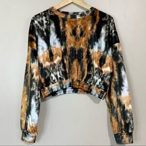 Topshop Women’s Tie Dye Long Sleeve Velvet Velour Smocked Cropped Pullover Sz 6
